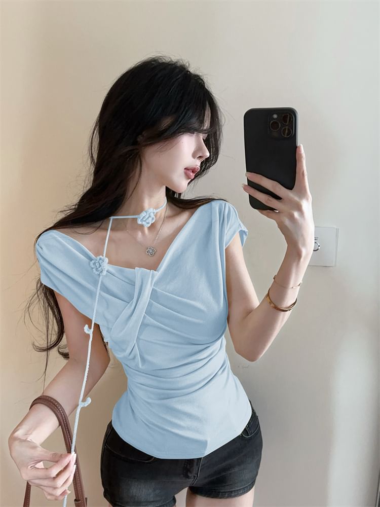 Short-Sleeved Off-Shoulder Plain Ruched T-Shirt