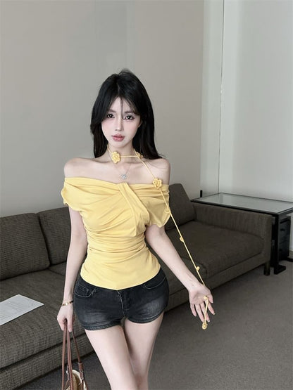 Short-Sleeved Off-Shoulder Plain Ruched T-Shirt