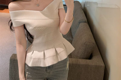 Short-Sleeved Off-Shoulder Plain Pleated Knit Top
