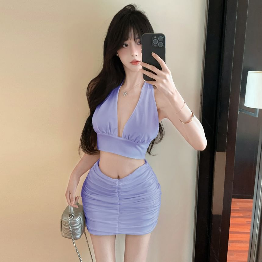 Halter Plain Cropped Slim-Fit Tank & High-Rise Ruched Mini Pencil Skirt Set