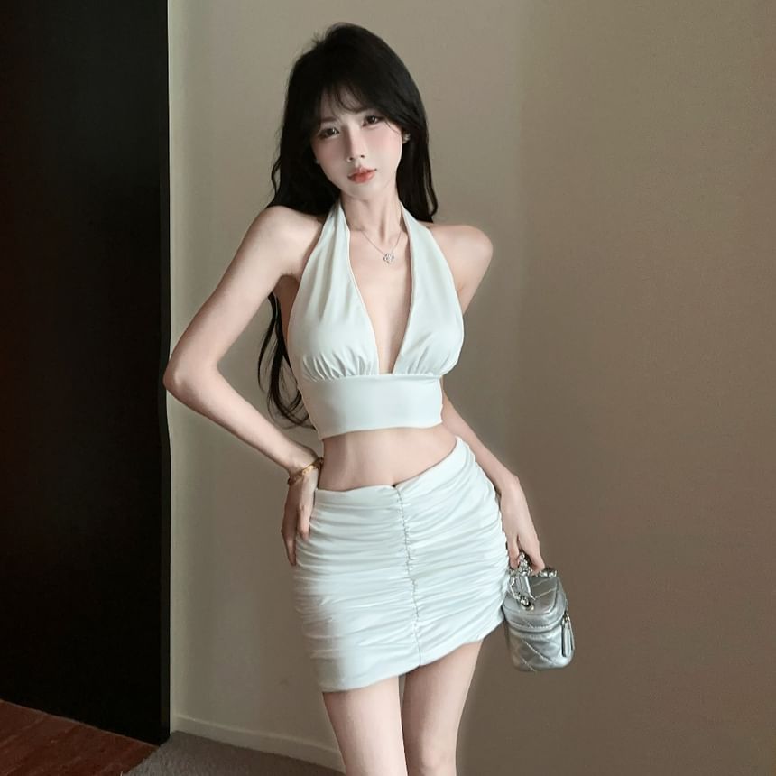 Halter Plain Cropped Slim-Fit Tank & High-Rise Ruched Mini Pencil Skirt Set