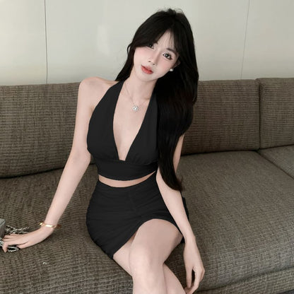 Halter Plain Cropped Slim-Fit Tank & High-Rise Ruched Mini Pencil Skirt Set