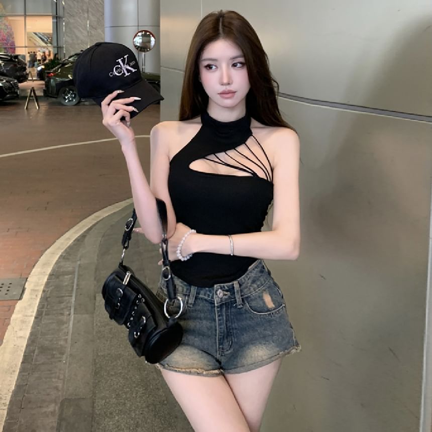 Halter Plain Cutout Cropped Slim-Fit Tank Top