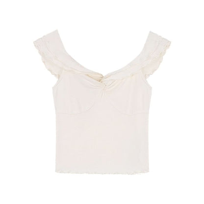 Twisted V-Neck Short-Sleeved Plain Crop Blouse