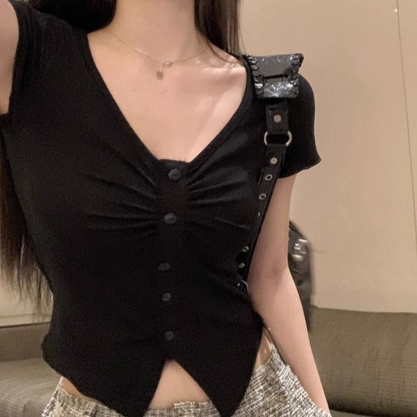 Buttoned Short-Sleeved V-Neck Plain Shirt