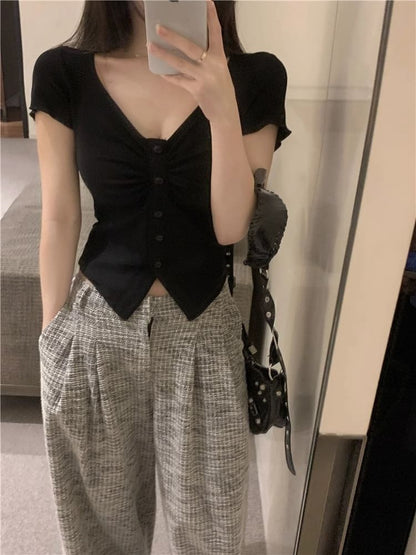 Buttoned Short-Sleeved V-Neck Plain Shirt
