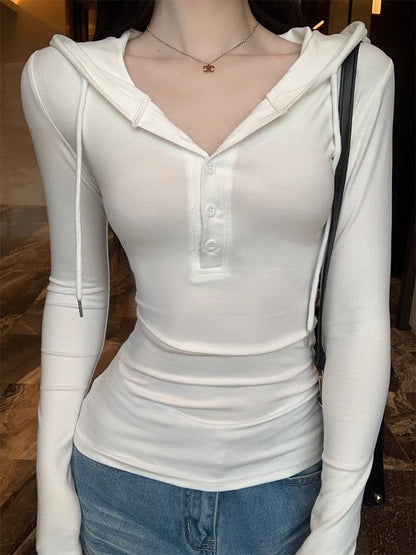 Half-Buttoned Hooded Long-Sleeved Plain Shirt