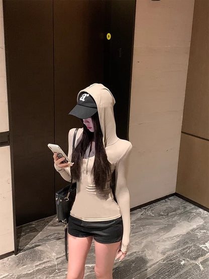 Half-Buttoned Hooded Long-Sleeved Plain Shirt