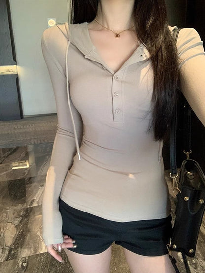 Half-Buttoned Hooded Long-Sleeved Plain Shirt