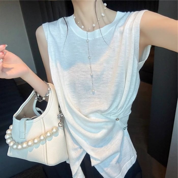 Slit-Hem Crewneck Sleeveless Plain Knit Blouse