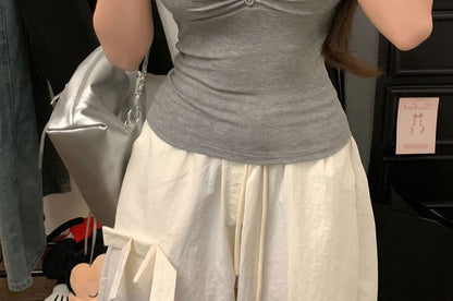 Cropped V-Neck Lace-Trimmed Plain Cami Blouse