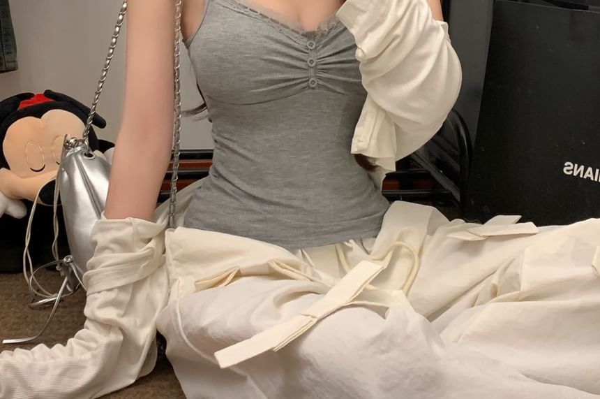 Cropped V-Neck Lace-Trimmed Plain Cami Blouse