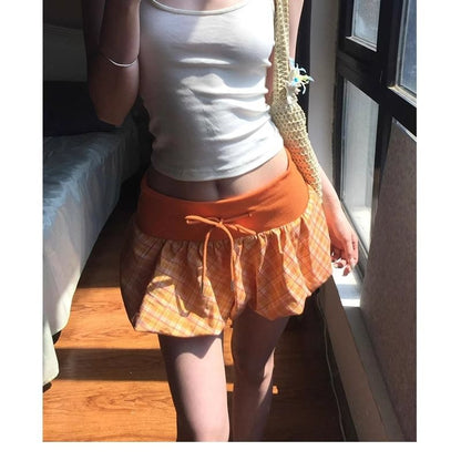 Strappy Plain Crop Top with Plaid Drawstring Mini Skirt