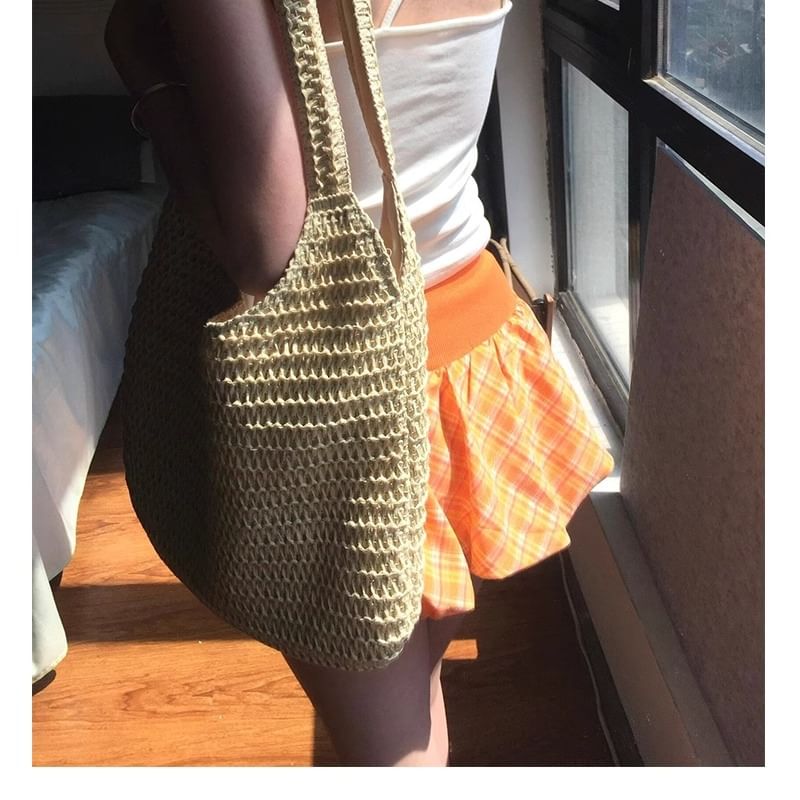 Strappy Plain Crop Top with Plaid Drawstring Mini Skirt