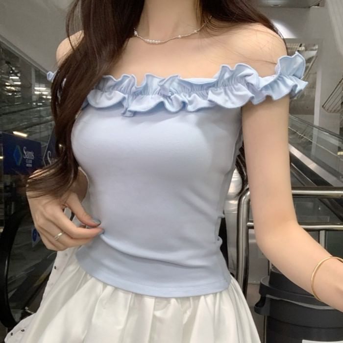 Ruffled Off-Shoulder Plain Cropped Blouse