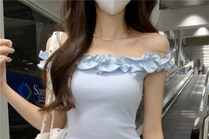 Ruffled Off-Shoulder Plain Cropped Blouse