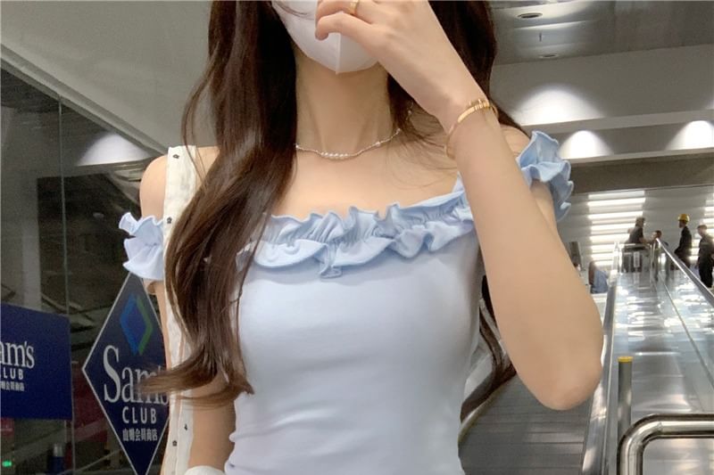 Ruffled Off-Shoulder Plain Cropped Blouse
