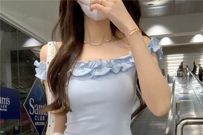 Ruffled Off-Shoulder Plain Cropped Blouse