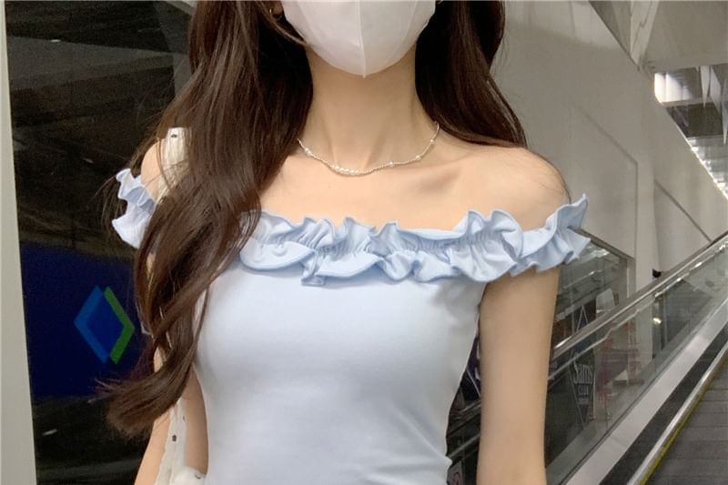 Ruffled Off-Shoulder Plain Cropped Blouse