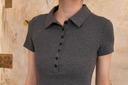 Plain Short-Sleeved Cropped Polo Shirt