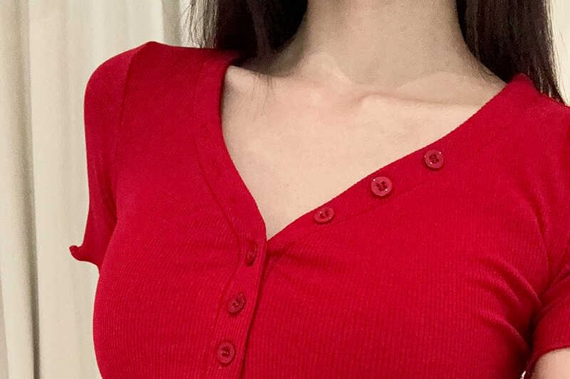 Half-Buttoned V-Neck Short-Sleeved Plain Shirt