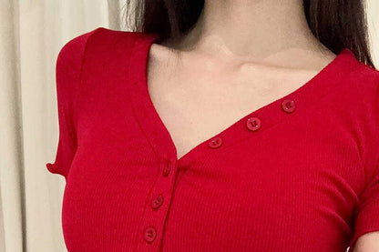 Half-Buttoned V-Neck Short-Sleeved Plain Shirt