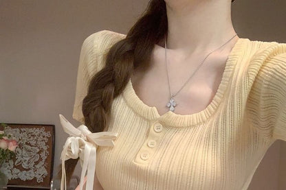 Henley Scoop-Neck Short-Sleeved Plain Knit Shirt