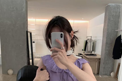 Sleeveless Scoop-Neck Plain Ruffled Button-Up Blouse