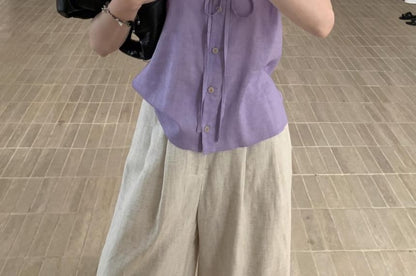 Sleeveless Scoop-Neck Plain Ruffled Button-Up Blouse