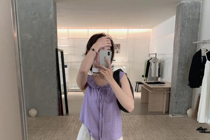 Sleeveless Scoop-Neck Plain Ruffled Button-Up Blouse