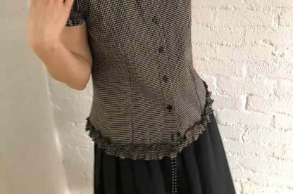 Short-Sleeved Collared Plaid Ruffled Button-Up Shirt