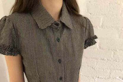 Short-Sleeved Collared Plaid Ruffled Button-Up Shirt