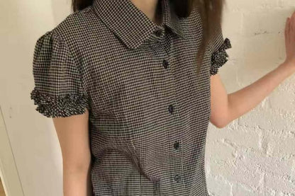 Short-Sleeved Collared Plaid Ruffled Button-Up Shirt