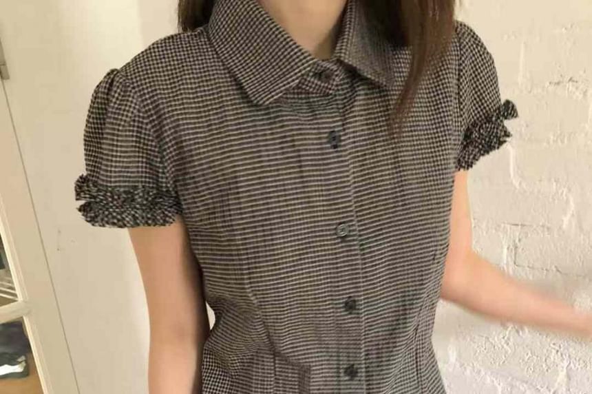 Short-Sleeved Collared Plaid Ruffled Button-Up Shirt