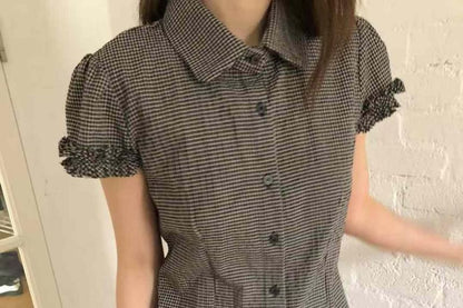 Short-Sleeved Collared Plaid Ruffled Button-Up Shirt