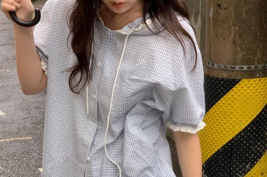 Hooded Plaid Lace-Trimmed Button-Up Short-Sleeved Shirt
