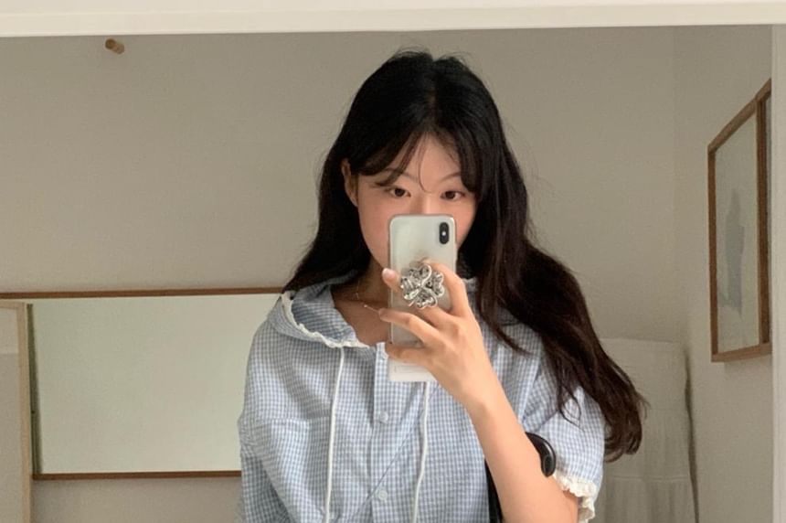 Hooded Plaid Lace-Trimmed Button-Up Short-Sleeved Shirt