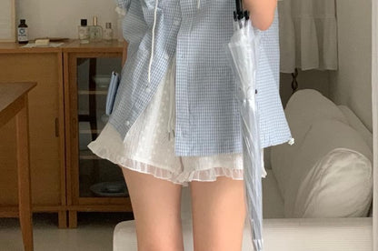 Hooded Plaid Lace-Trimmed Button-Up Short-Sleeved Shirt