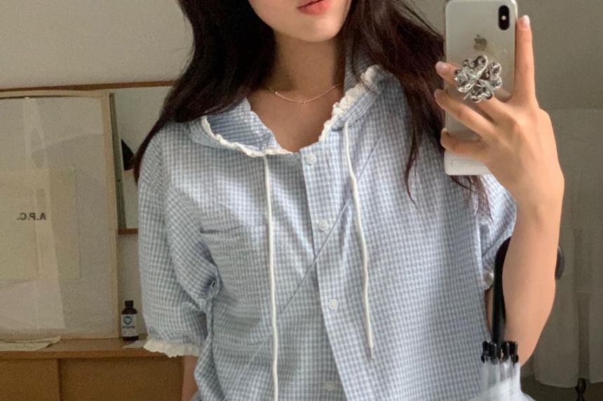 Hooded Plaid Lace-Trimmed Button-Up Short-Sleeved Shirt