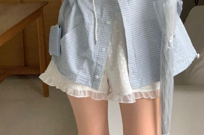 Hooded Plaid Lace-Trimmed Button-Up Short-Sleeved Shirt