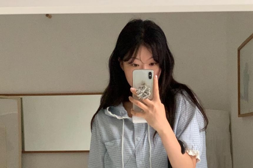 Hooded Plaid Lace-Trimmed Button-Up Short-Sleeved Shirt