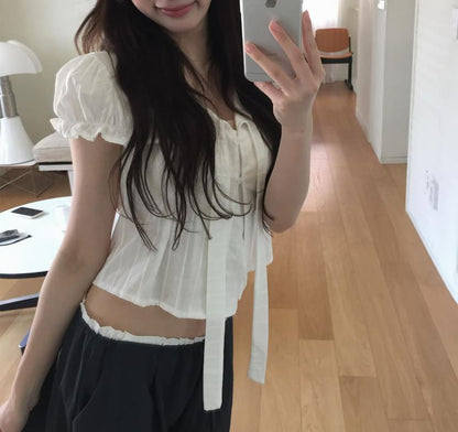 Ruffled Short-Sleeved V-Neck Plain Cropped Button-Up Blouse