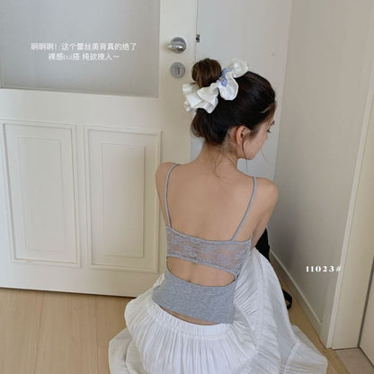 Lace-Paneled Open-Back Padded Slim Cropped Cami Blouse
