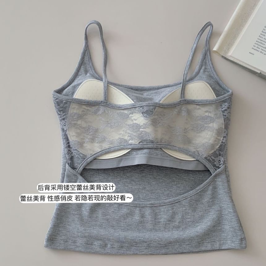 Lace-Paneled Open-Back Padded Slim Cropped Cami Blouse
