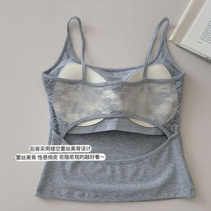 Lace-Paneled Open-Back Padded Slim Cropped Cami Blouse