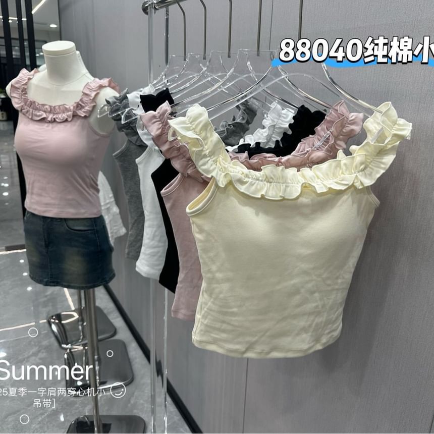 Ruffle-Trimmed Square-Neck Padded Slim Cropped Tank