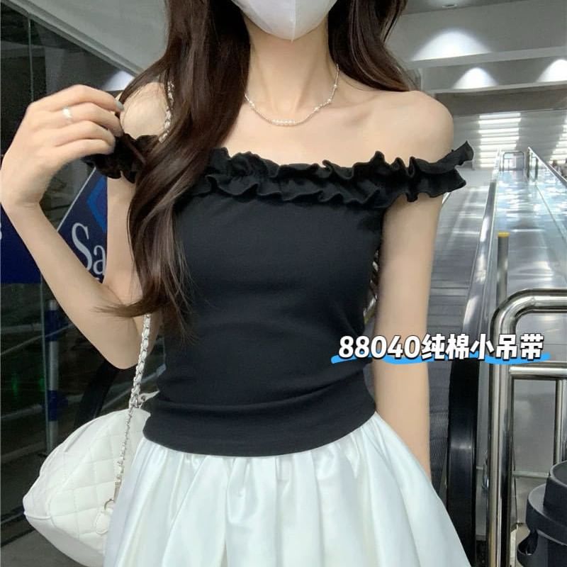 Ruffle-Trimmed Square-Neck Padded Slim Cropped Tank