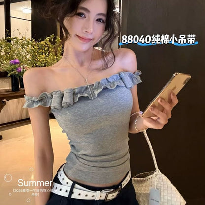 Ruffle-Trimmed Square-Neck Padded Slim Cropped Tank