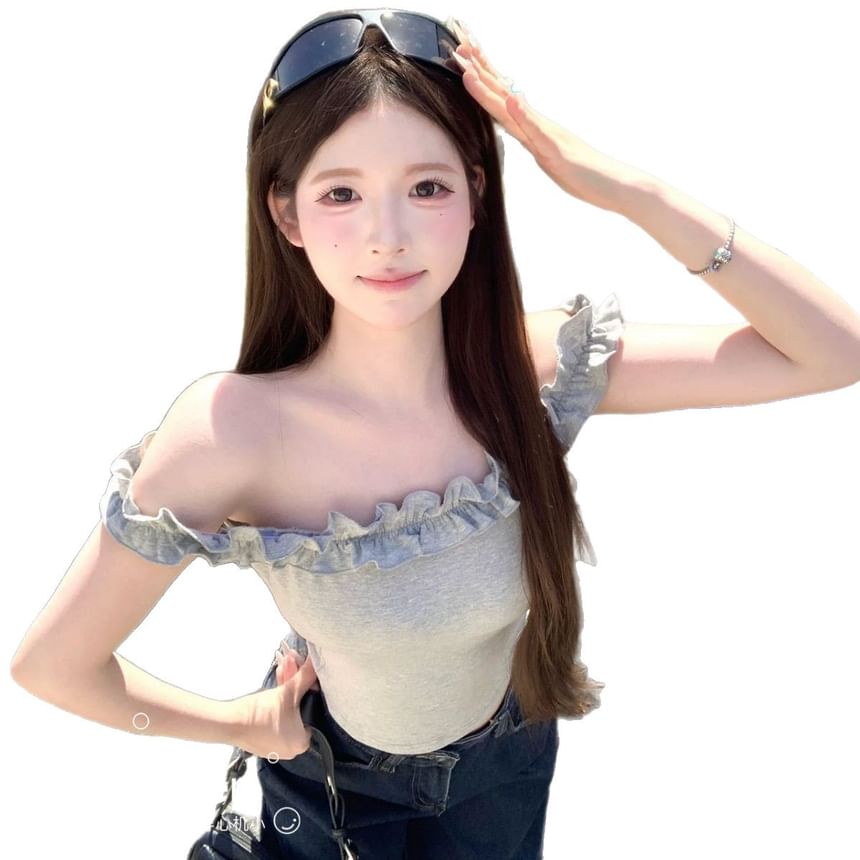 Ruffle-Trimmed Square-Neck Padded Slim Cropped Tank