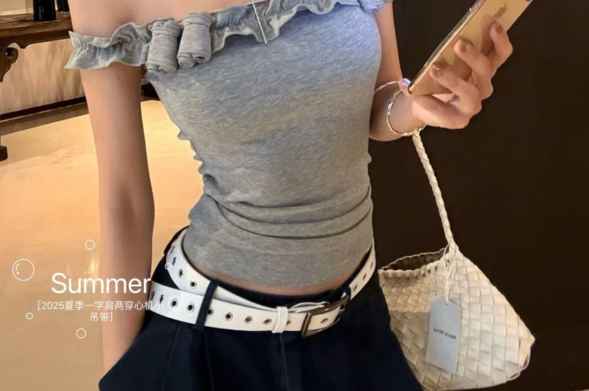 Ruffle-Trimmed Square-Neck Padded Slim Cropped Tank